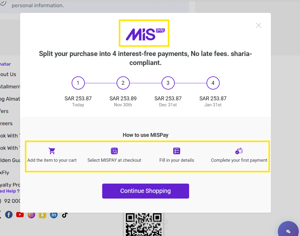 اختبار طريقة تقسيط جديدة (Mispay) مضافة لصفحة الدفع (Payment page)