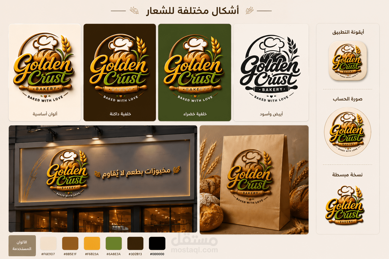 تصميم شعار وهوية بصرية احترافية ثلاثية الأبعاد لمخبز Golden Crust