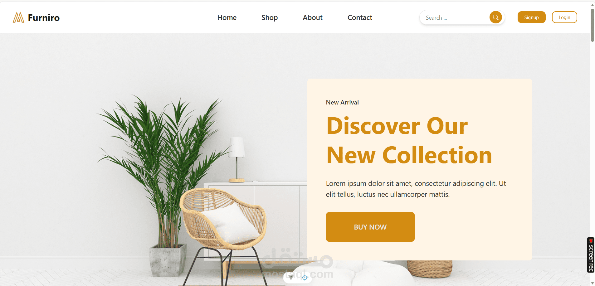 landing page, sign up, and login for a furniture selling website