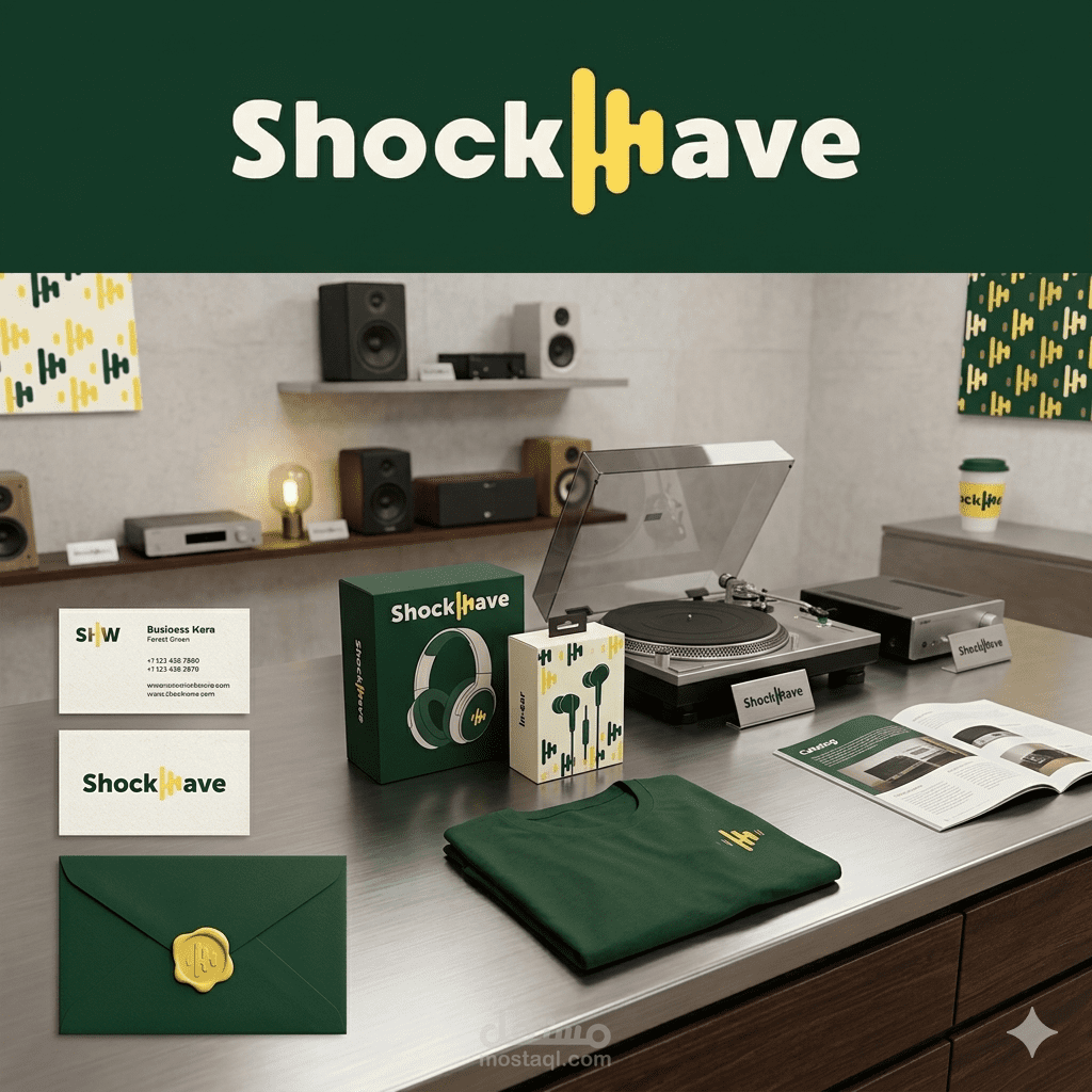 تصميم هوية بصرية احترافية لمتجر صوتيات وتقنيات موسيقية – ShockWave
