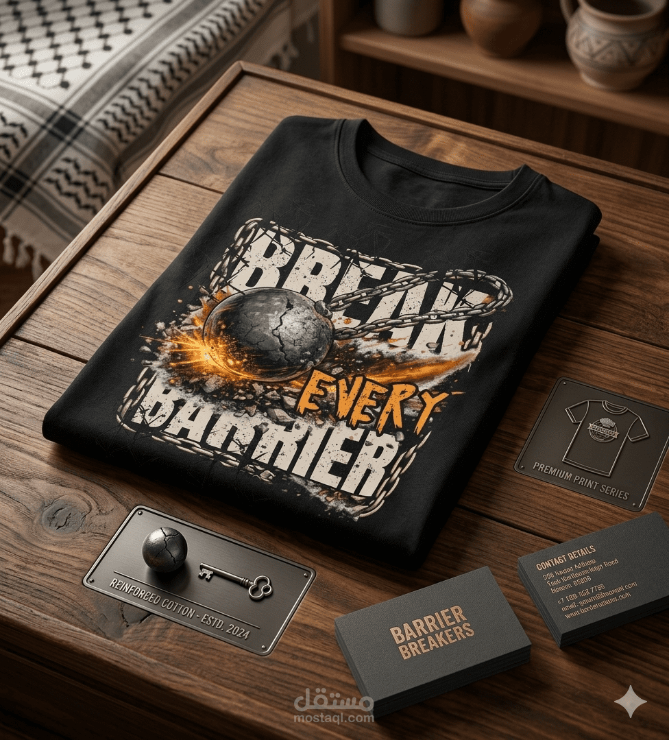 تصميم تيشيرت رياضي احترافي بشعار Break Every Barrier بأسلوب جرافيتي عصري