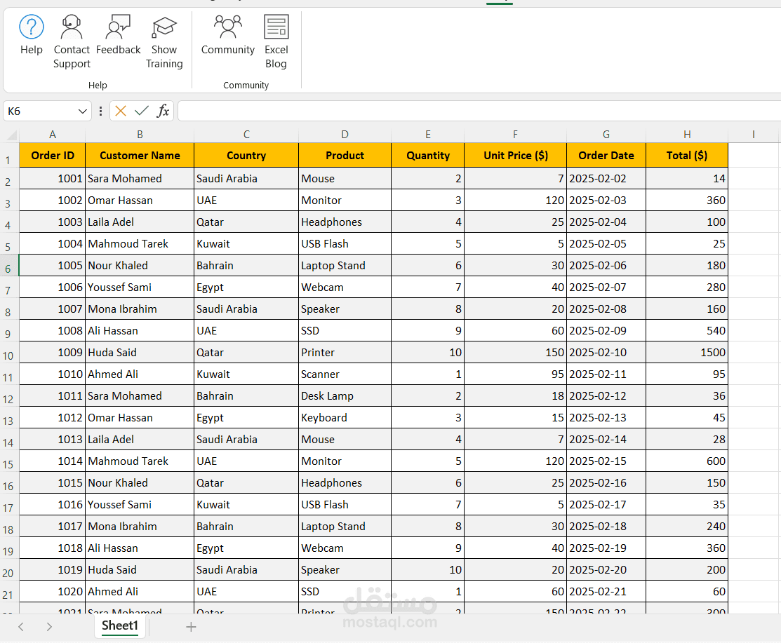 نموذج إدخال بيانات مبيعات منسق على Excel