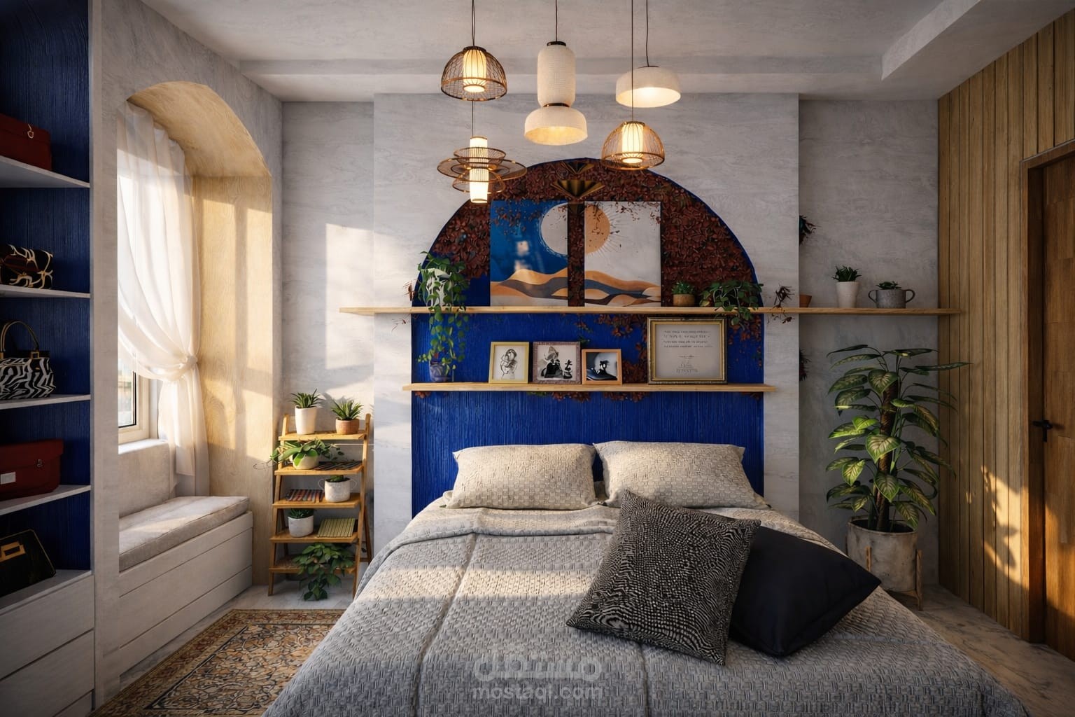 تصميم غرفة نوم بطابع البوهو ستايل - مستوحى جزيرة سانتوريني اليونانية