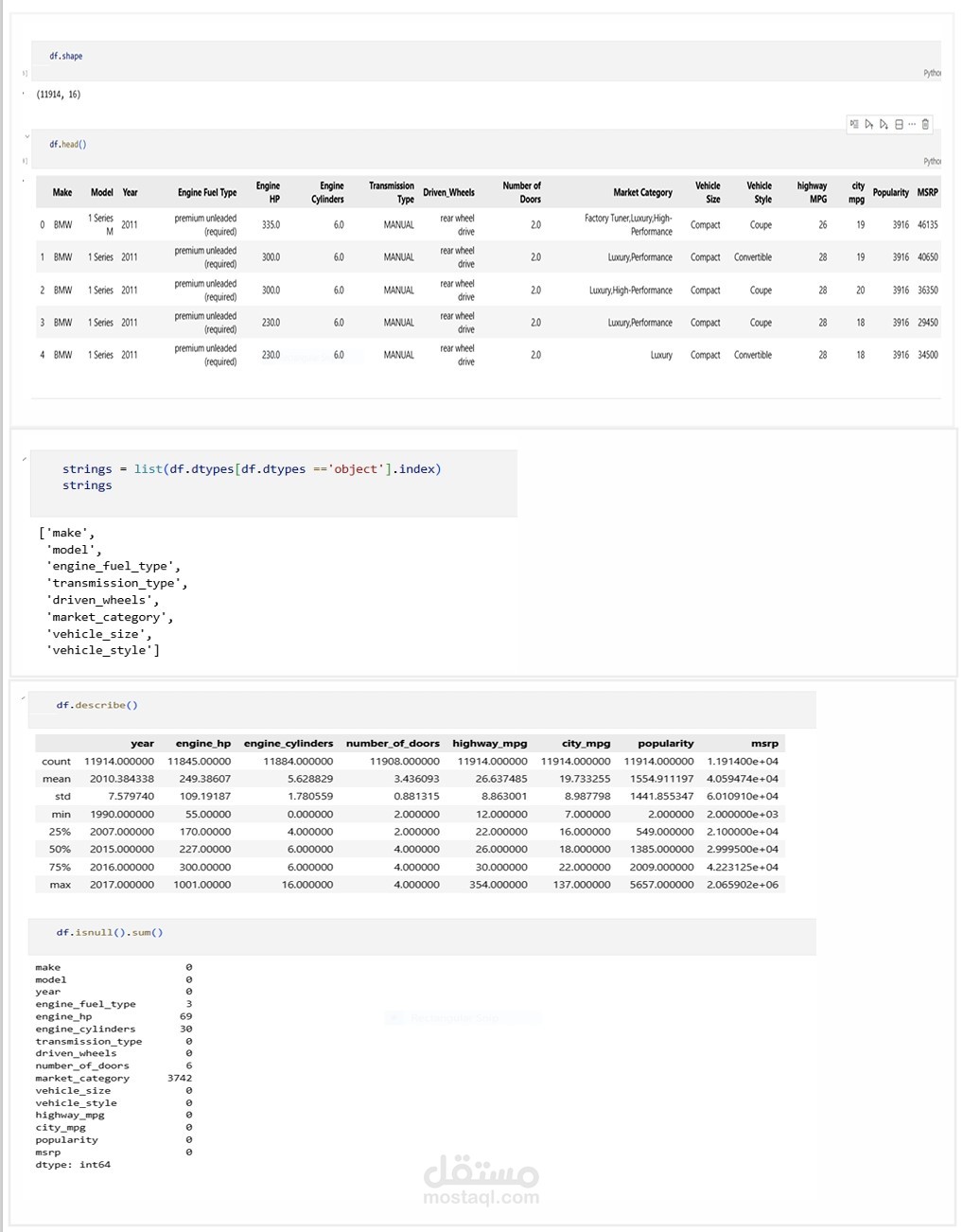 تحليل البيانات لمجموعة من ضخمة من السيارات