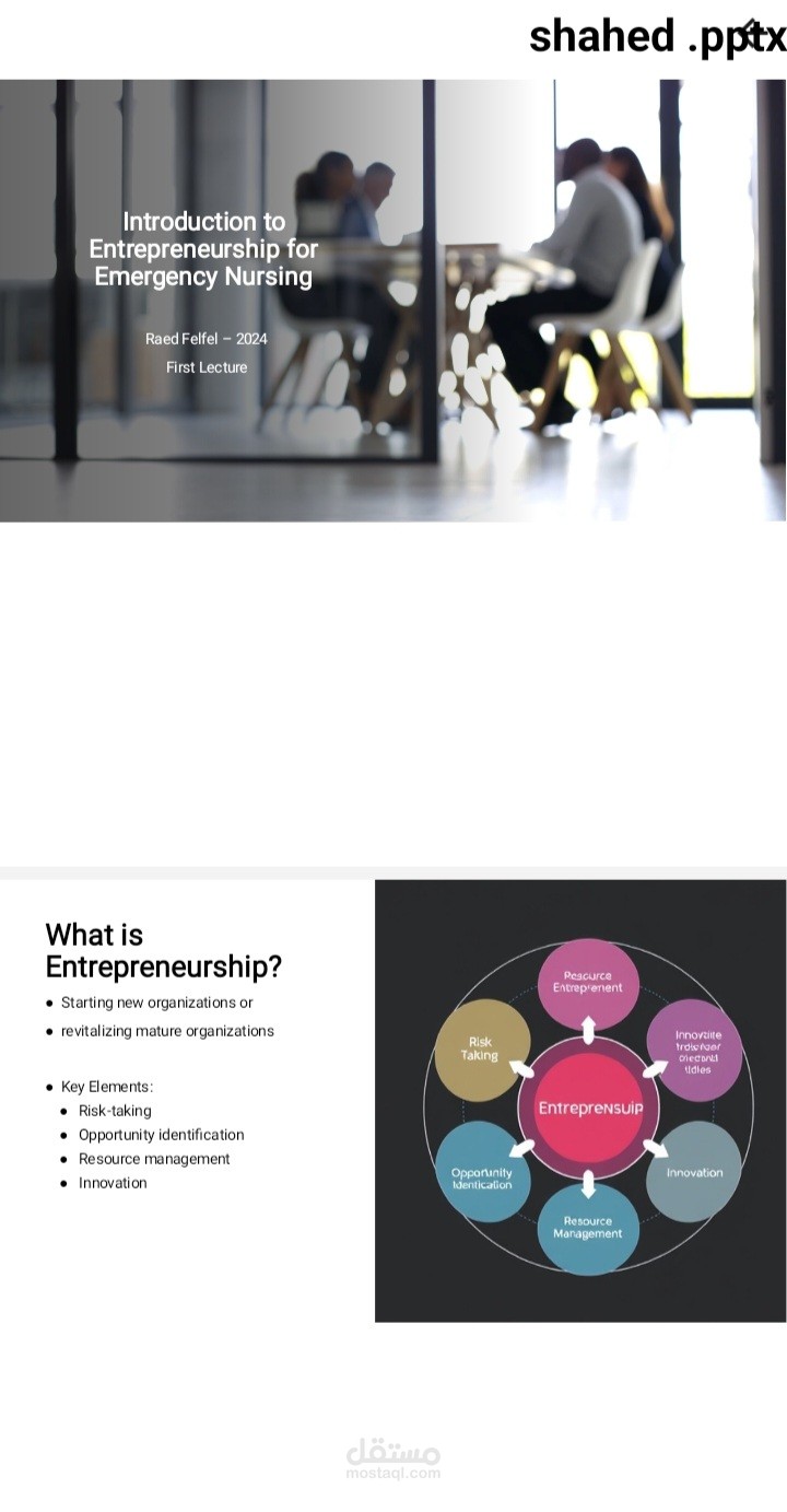 إعداد عرض تقديمي (PowerPoint) لـ 'Entrepreneurship for Emergency Nursing