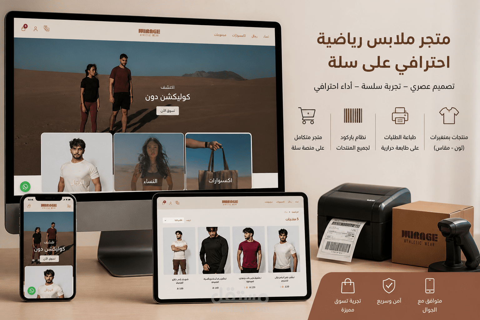 تصميم و تنفيذ متجر ميراج المتخصص في الملابس الرياضية على منصة سلة مع نظام باركود وإدارة منتجات احترافية