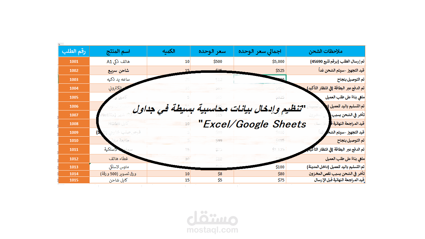 "تنظيم وإدخال بيانات محاسبية بسيطة في جداول Excel/Google Sheets"