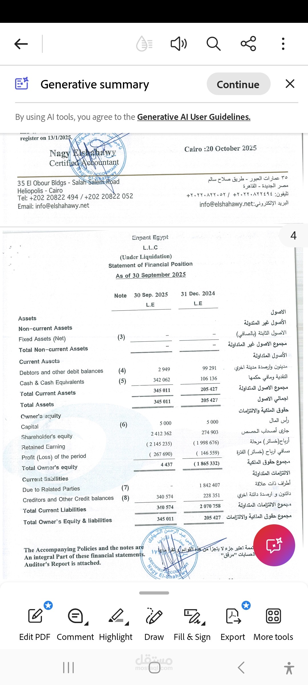 ميزانية شركة ايتا الهندسية