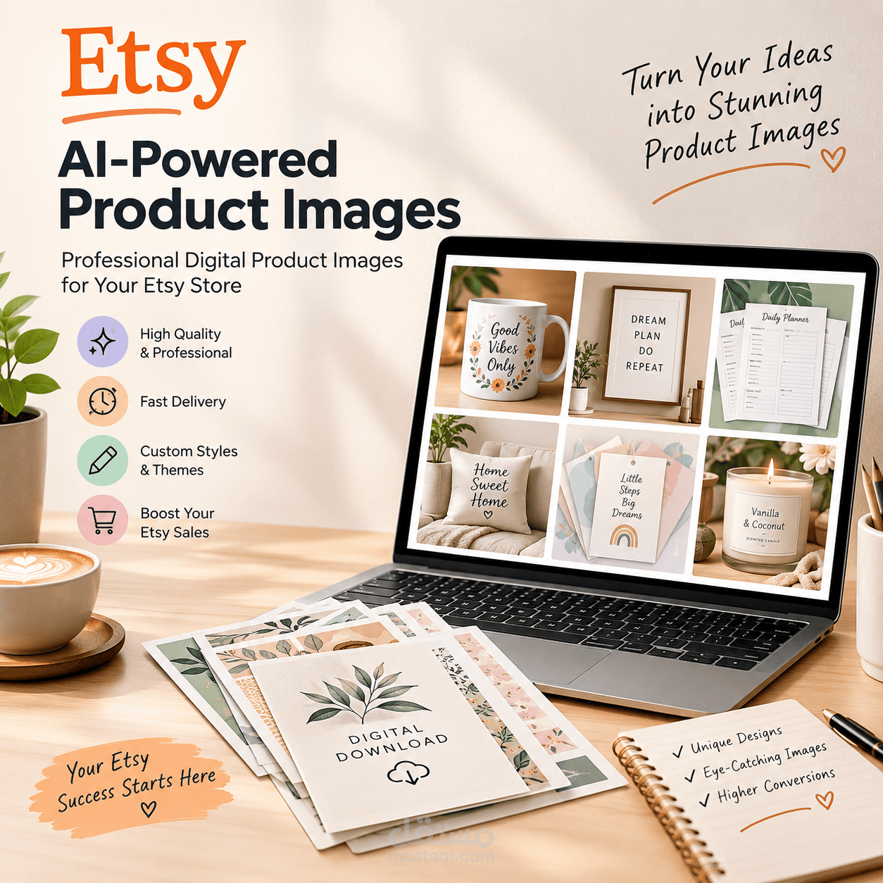 تصميم صور منتجات رقمية احترافية بالذكاء الاصطناعي لمتجر Etsy