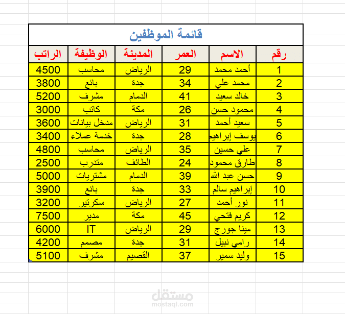 إدخال وتنظيم بيانات الموظفين بأستخدام Excel