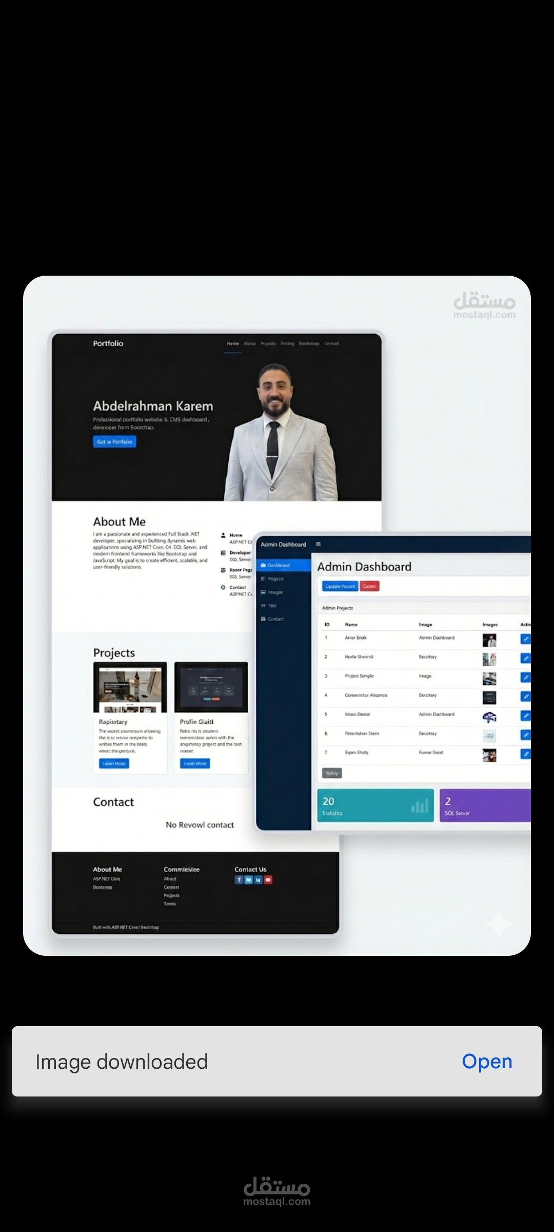 موقع شخصي Portfolio + لوحة تحكم للتحكم في المحتوى – Full Stack . NET