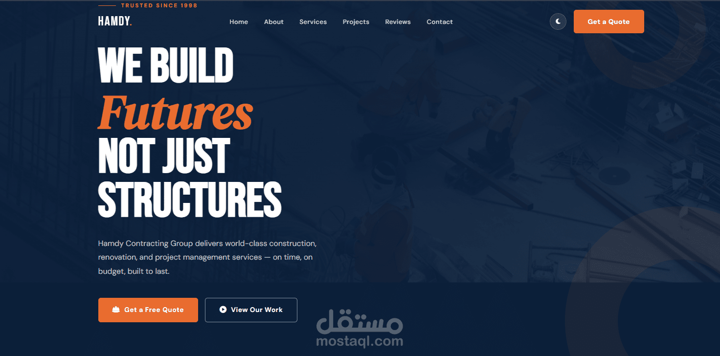 تصميم وبرمجة موقع تعريفي متكامل لشركة مقاولات وهندسة (Responsive & Modern)