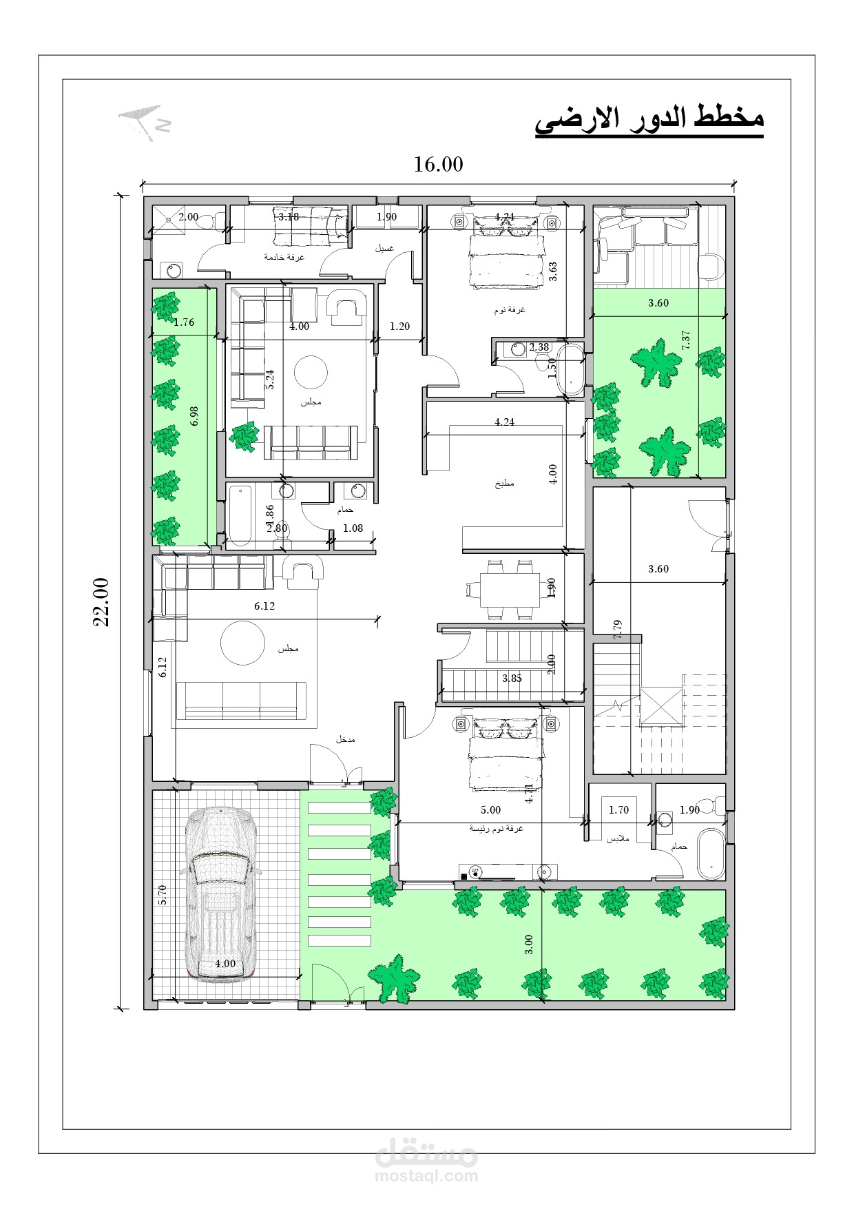 تصميم معماري متكامل لعمارة سكنية (قبو، أرضي، أول، سطح)