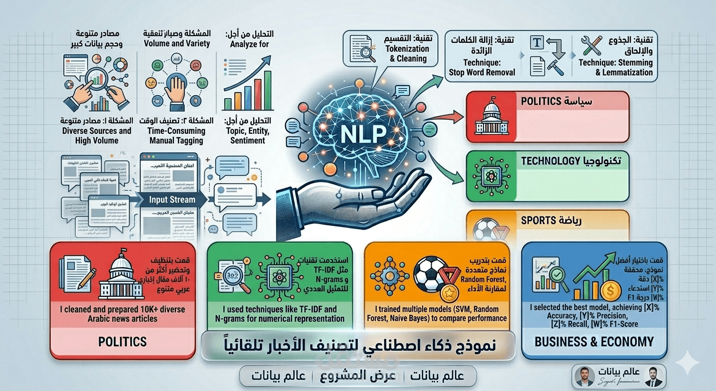 نموذج ذكاء اصطناعي لتصنيف الأخبار تلقائياً باستخدام معالجة اللغات الطبيعية (NLP News Classifier)