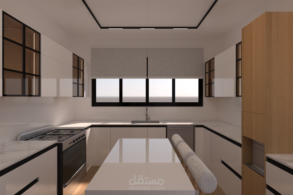 تصميم ثنائى وثلاثى الابعاد لمطبخ باللون الابيض والخشبى مع مراعاه مساحات الحركة وتوظيف الاجهزة بما يناسب مثلث الحركة