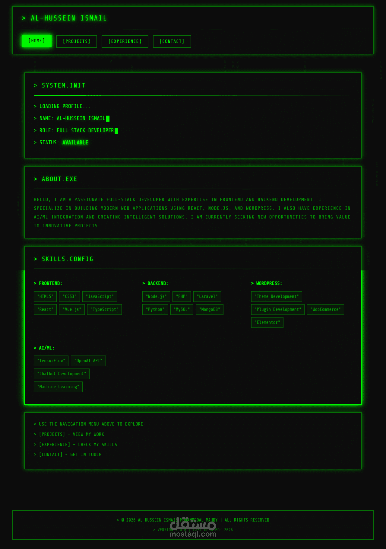 تصميم وتطوير موقع شخصي (Portfolio) مبتكر بأسلوب الـ Terminal / Hacker Theme