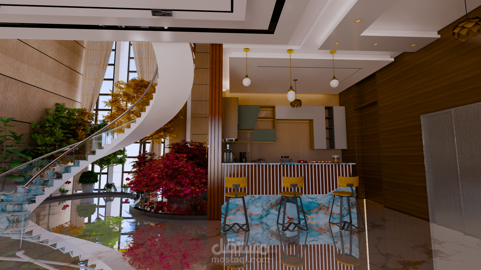 صالة معا مجلس وبوفيه مفتوح ودرج حلزوني تصميم 3D