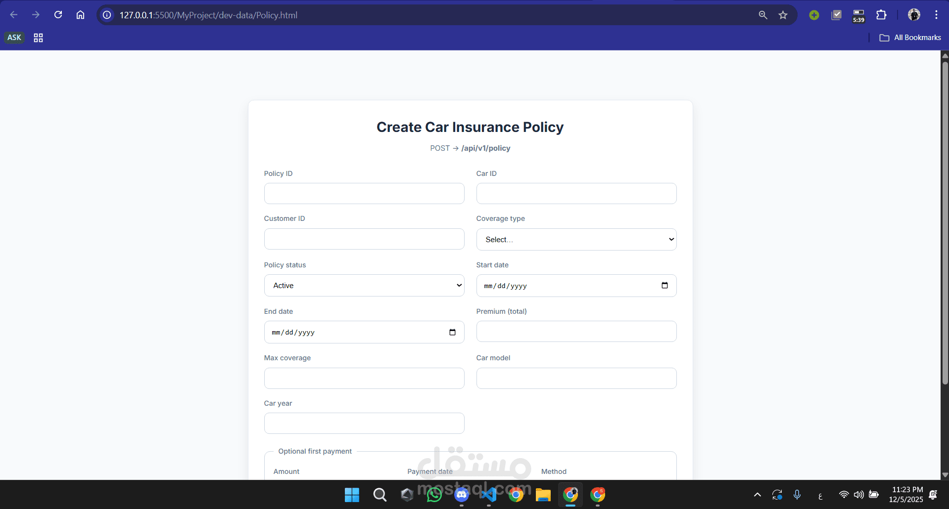 Car Insurance System – Backend (Node.js) This repository contains the backend of a Car Insurance Management System, built with Node.js and Express. It provides RESTful APIs for managing customers, cars, insurance policies, accidents, and claims.