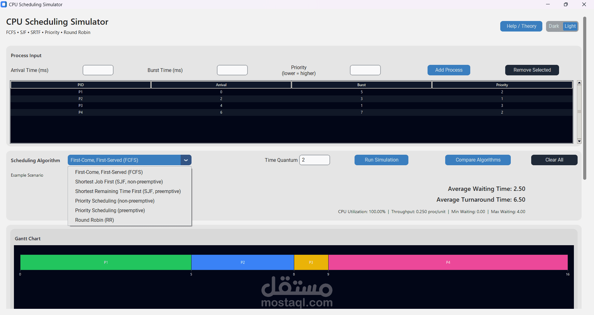 CPU Scheduling Simulator - تطبيق محاكاة خوارزميات جدولة المعالج