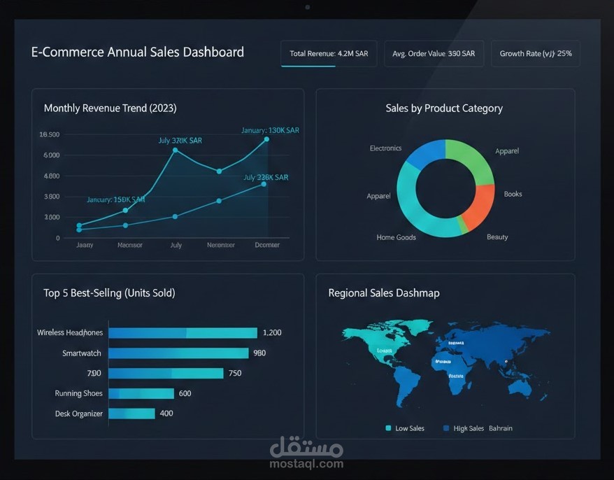 لوحة معلومات تفاعلية (Dashboard) لتحليل أداء المبيعات السنوي لشركة تجارة إلكترونية.