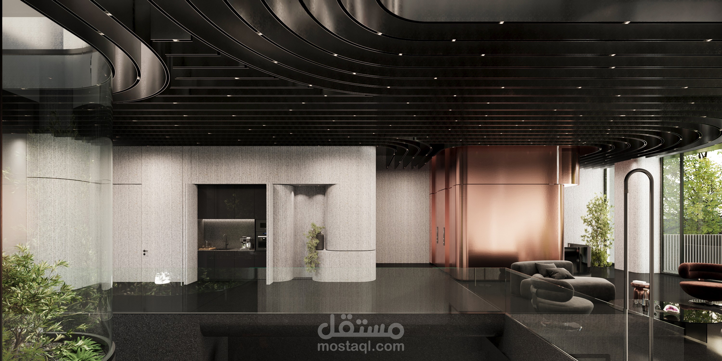 تصميم مشاعات فاخرة لمركز ترفيهي حديث — لابي، مسبح، سبا ونادي رياضي