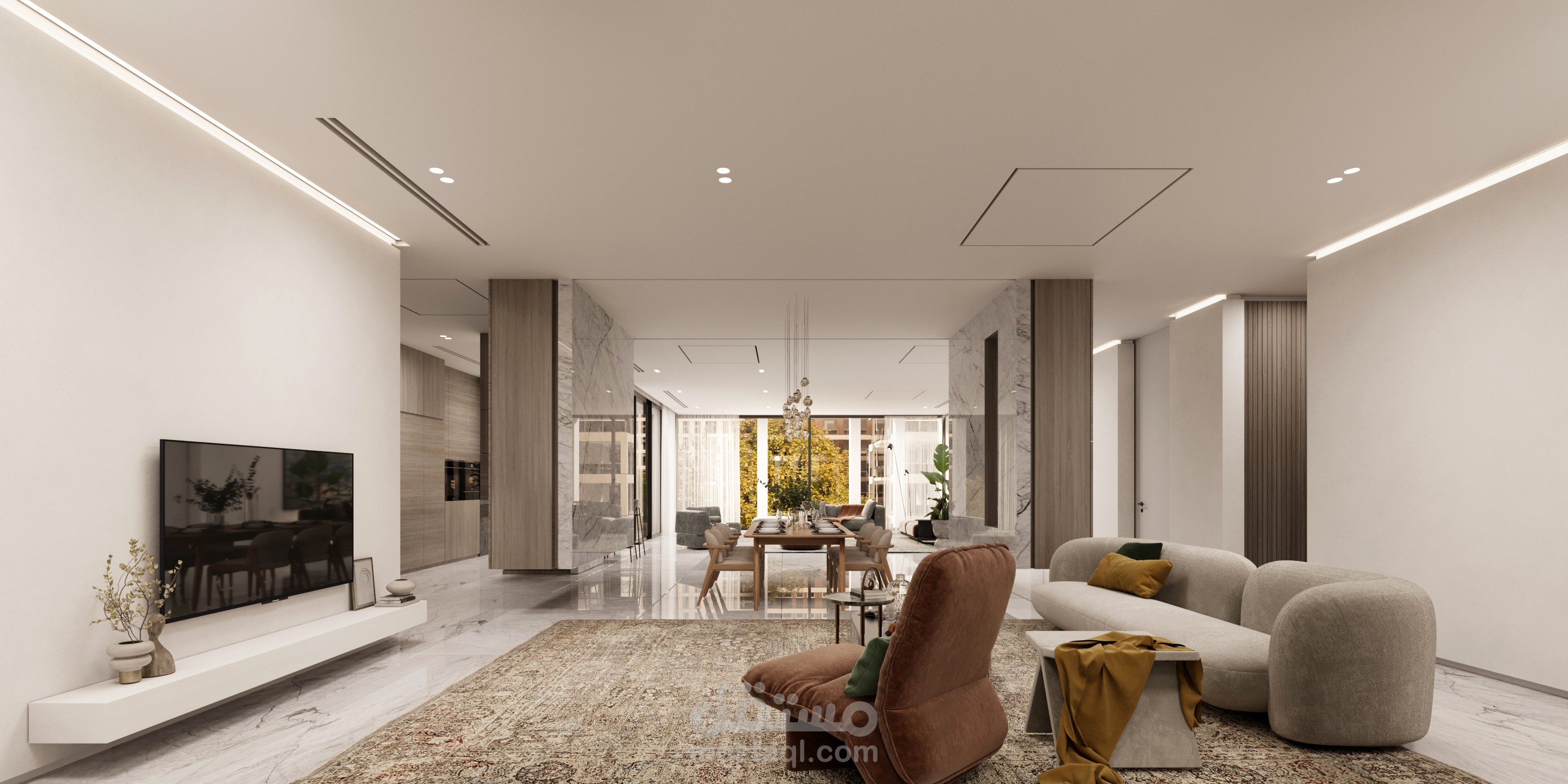تصميم داخلي فاخر بأسلوب مينيمال حديث لمساحة معيشة مفتوحة