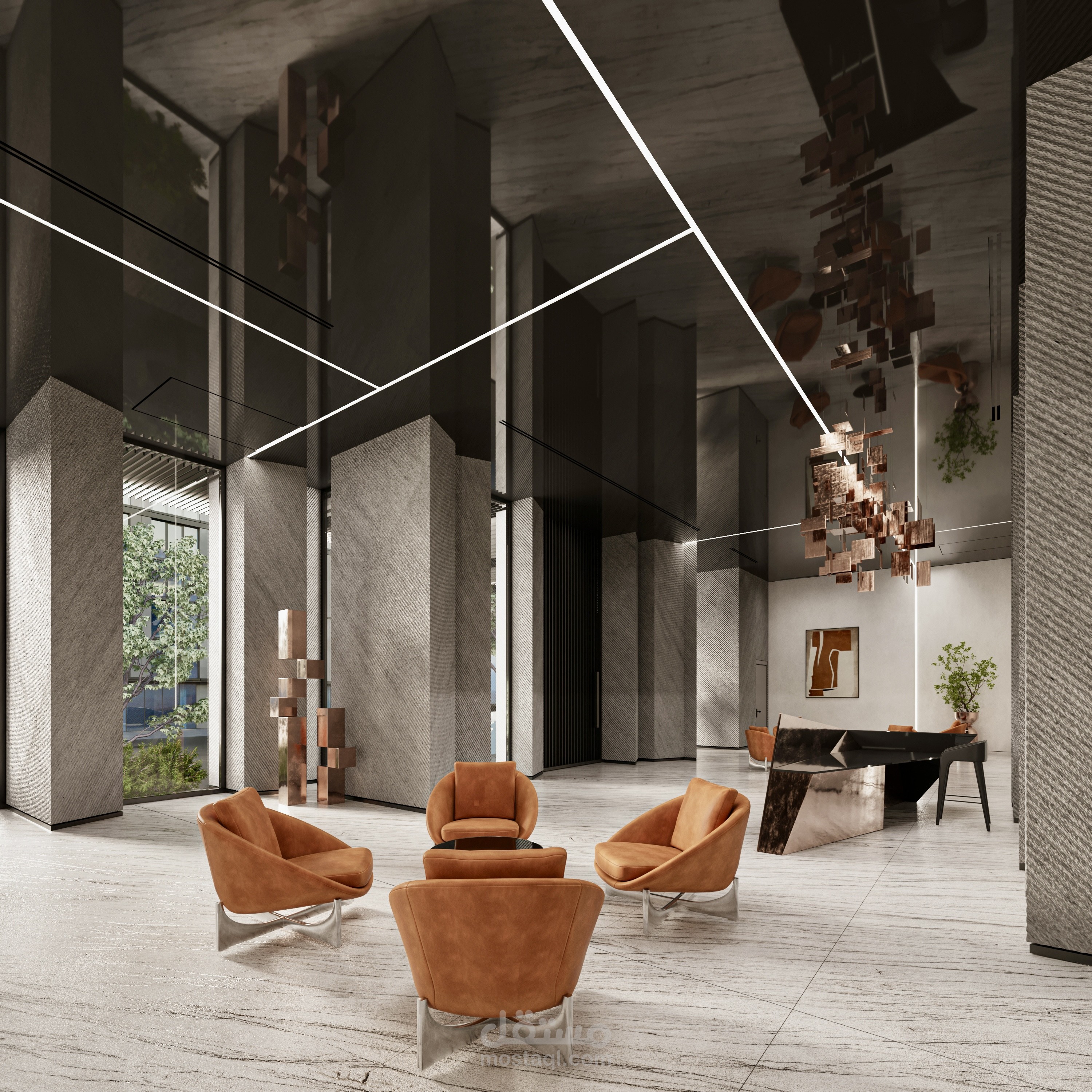 تصميم داخلي مودرن فاخر لِلوبي مبنى سكني