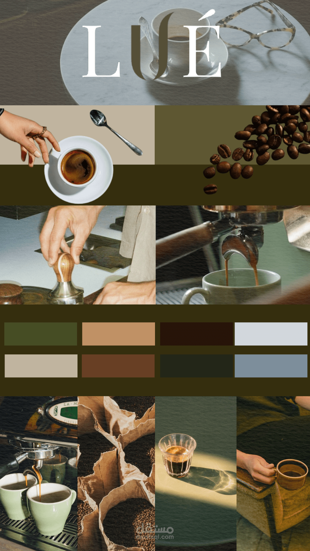 Mood board لهوية بصرية مستوحاة من عالم القهوة