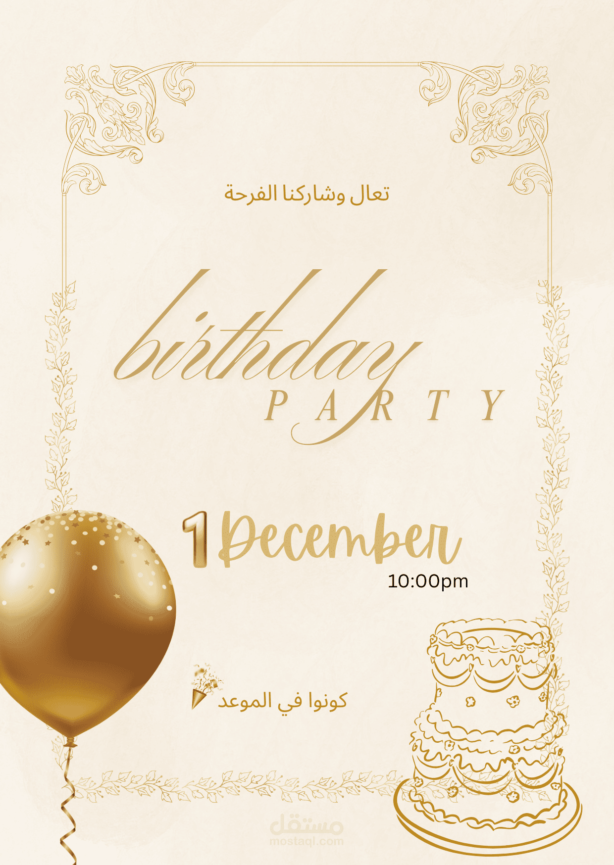 تصميم بطاقة دعوة ذهبية لحفلة عيد ميلاد