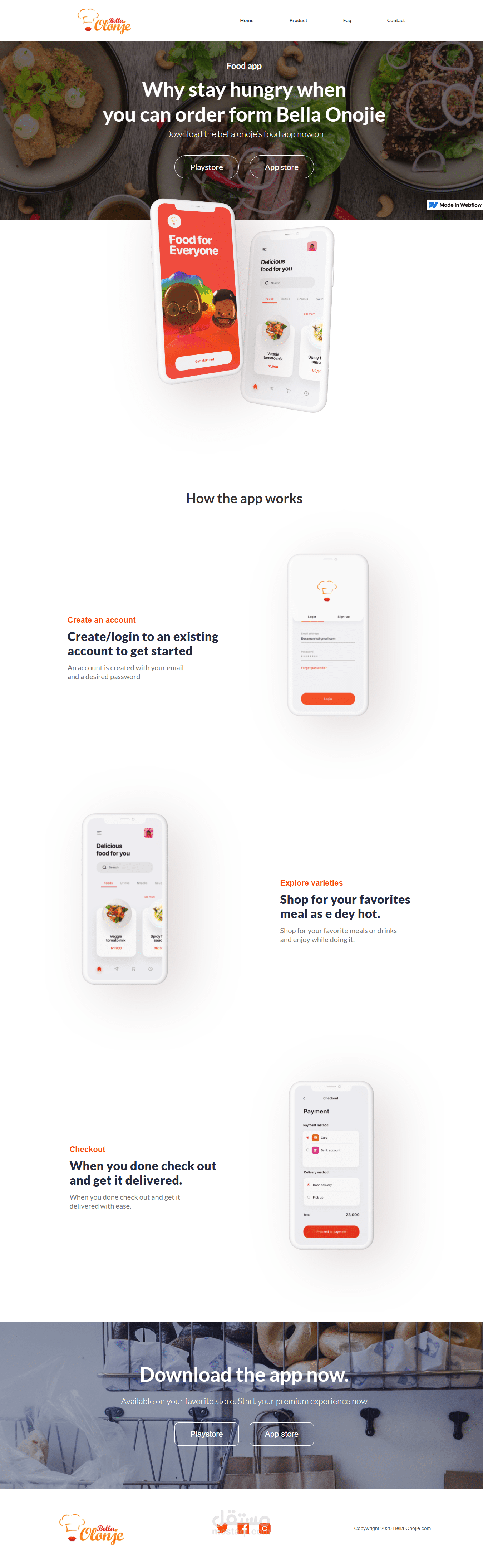 صفحة هبوط لموقع تطبيق توصيل طعام