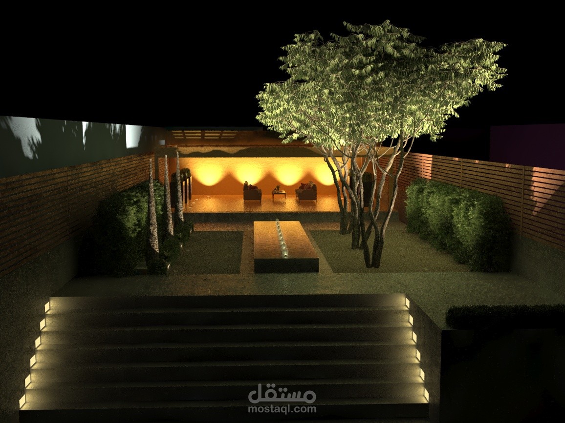 مشروع لاندسكيب حديقة وجلسة خارجية لفناء امامي لفيلا بمساحة 300م