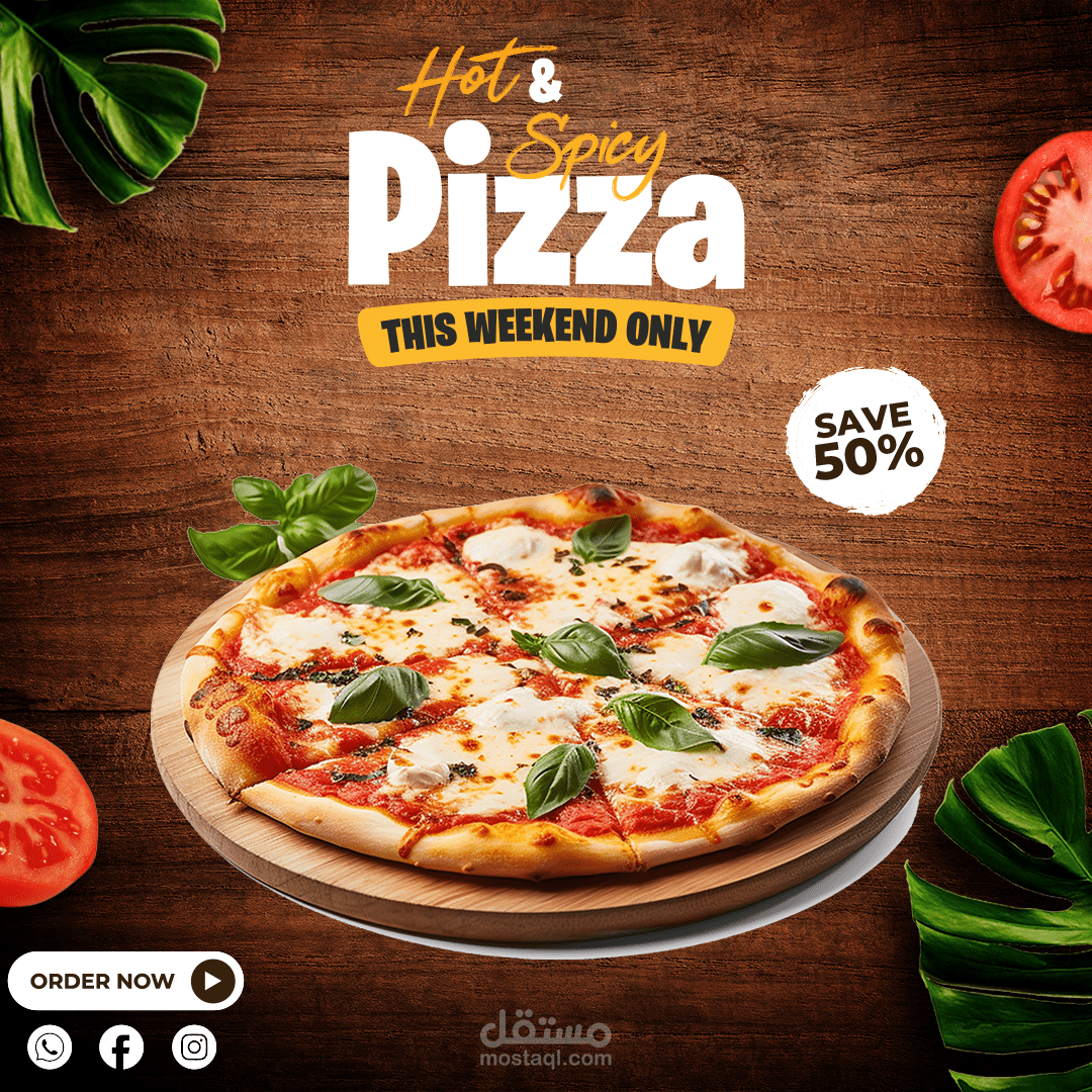 إعلان عرض بيتزا حار وحارّ – خصم 50%