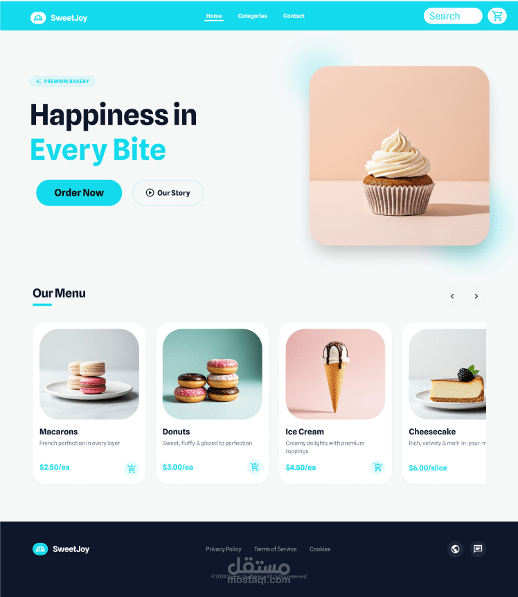 تصميم واجهة مستخدم (UI/UX) لموقع "SweetJoy" - متجر حلويات عصري