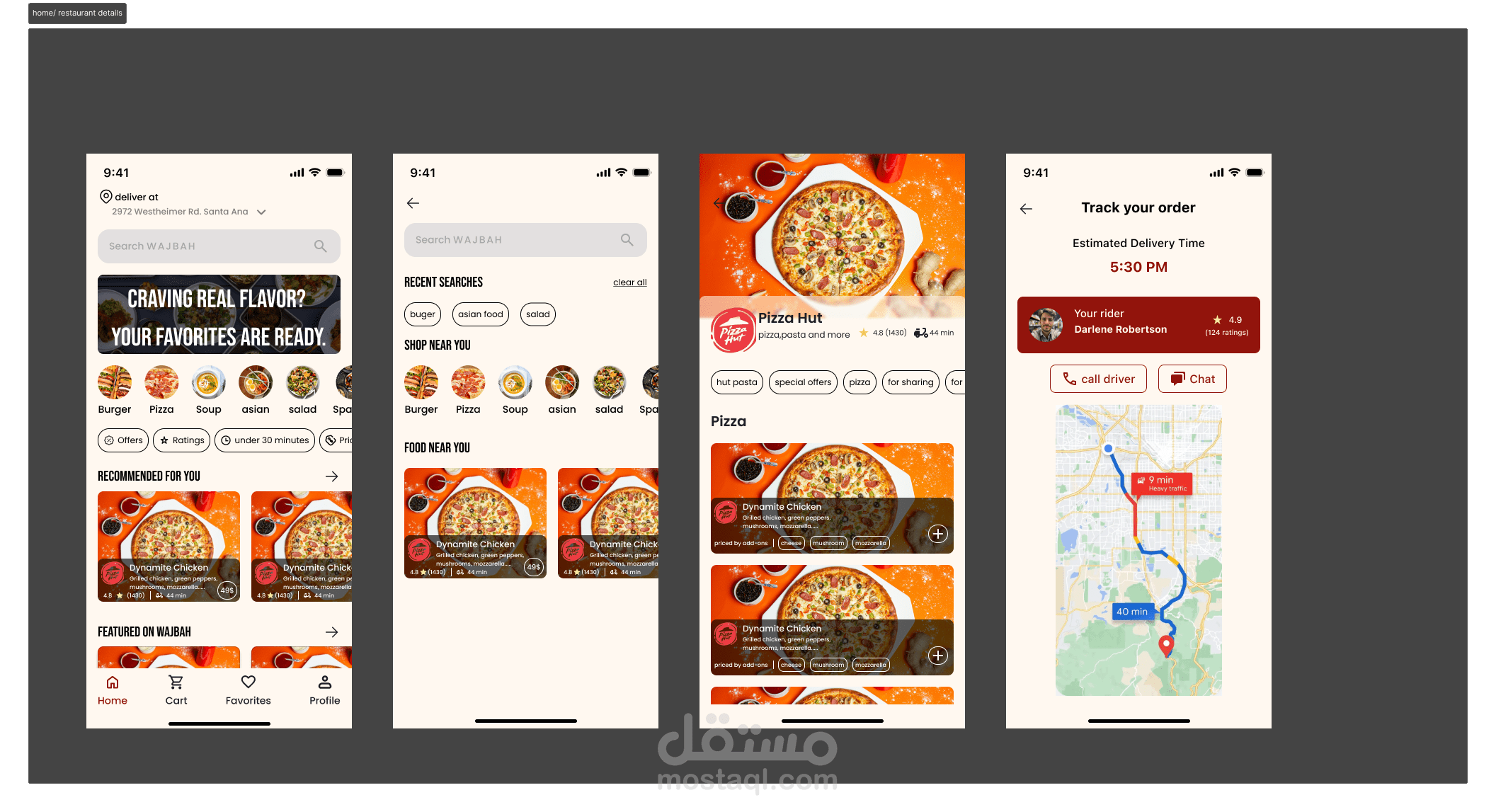تصميم واجهة مستخدم (UI/UX) كامل لتطبيق توصيل طعام متعدد المطاعم (Food Delivery App)