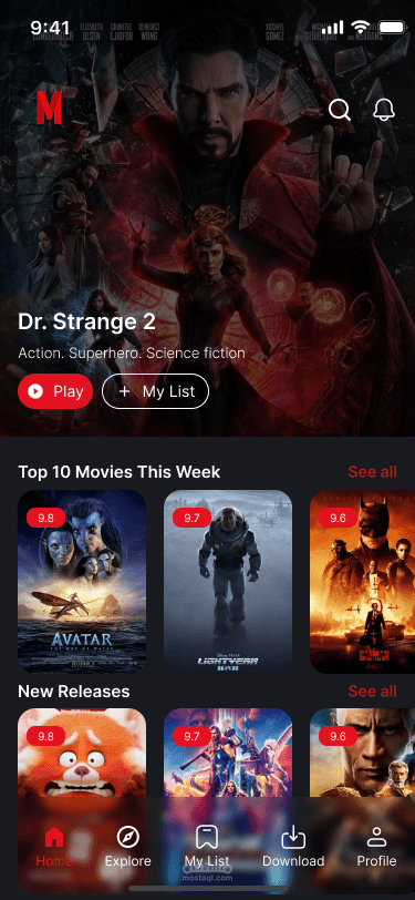 تصميم واجهة مستخدم (UI/UX) لتطبيق بث أفلام ومسلسلات (Streaming App مثل Netflix)