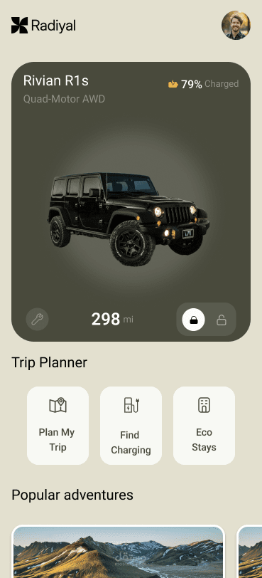تصميم واجهة مستخدم (UI/UX) لتطبيق تخطيط رحلات مغامرات وسيارات كهربائية (Adventure & EV Trip Planner App)