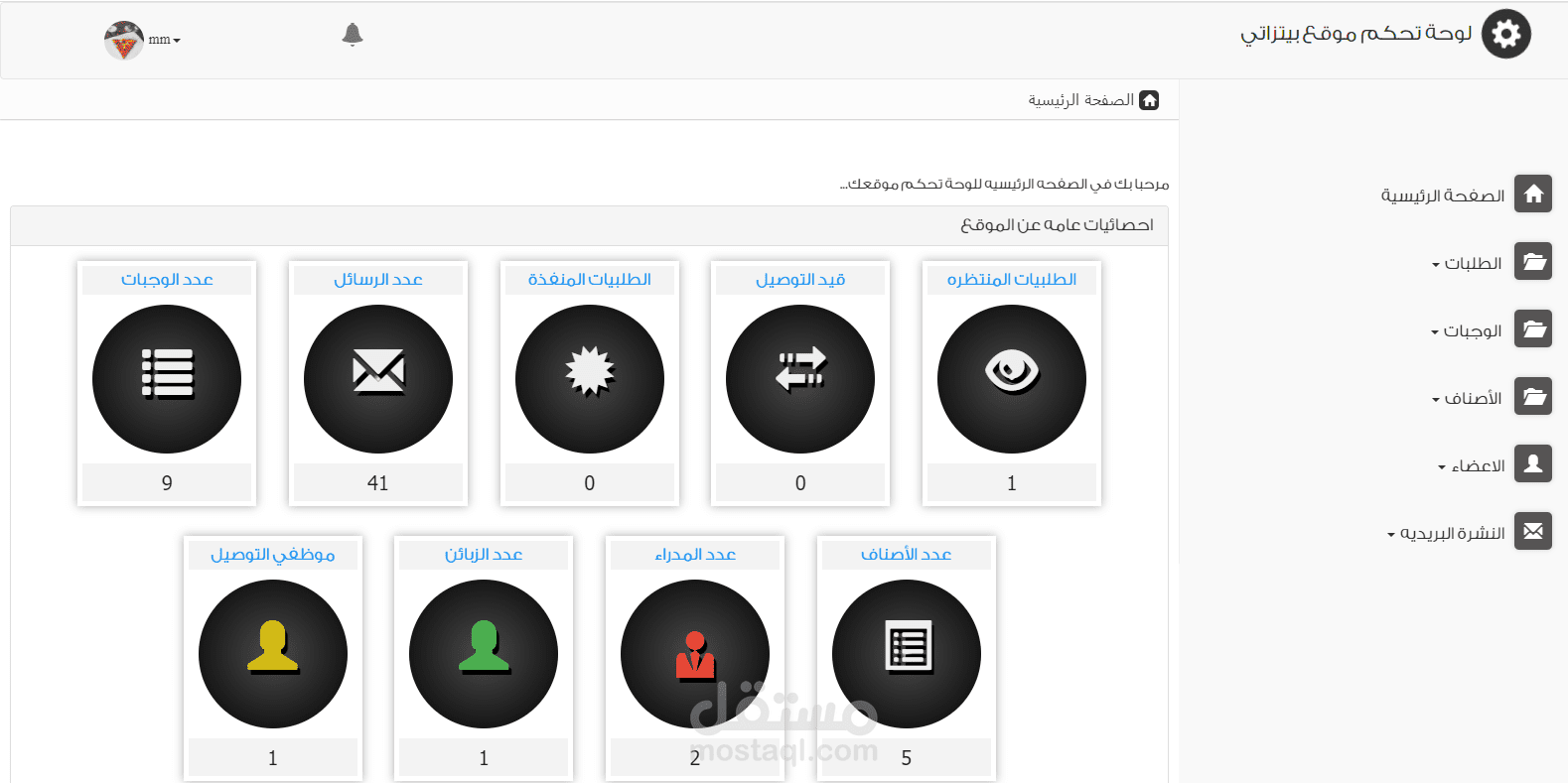 لوحة تحكم مشروع "بيتزاتي