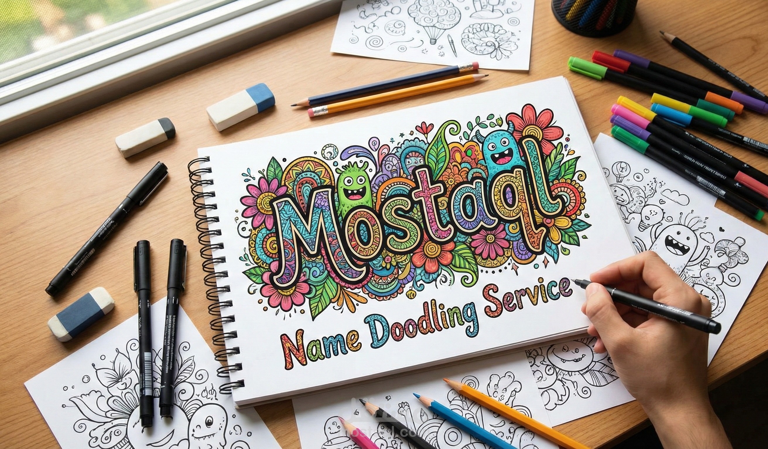 رسم لوحة فنية لأي اسم بتفاصيل فن الدودل (Doodling Art) المميزة.