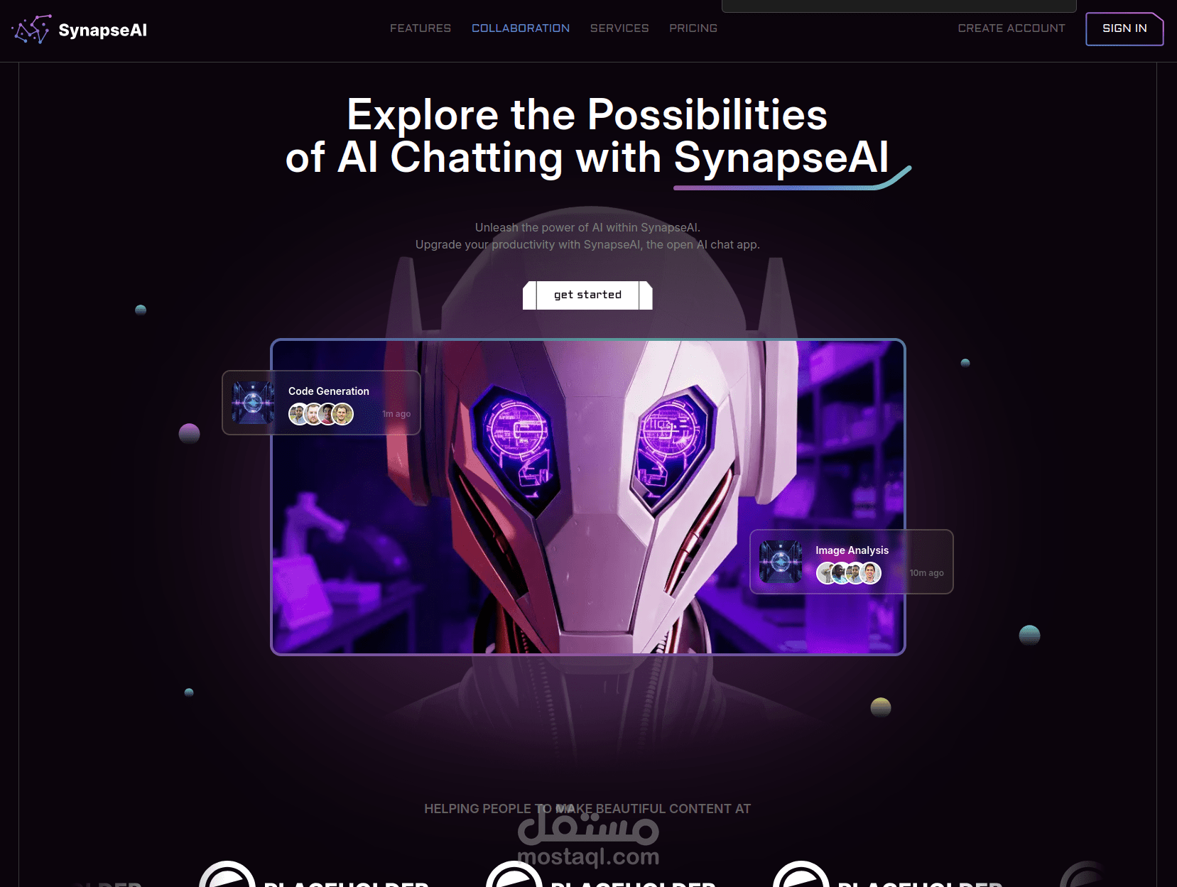 واجهة مستخدم و صفحة هبوط لمنصة ذكاء اصطناعي تسمي سينابس