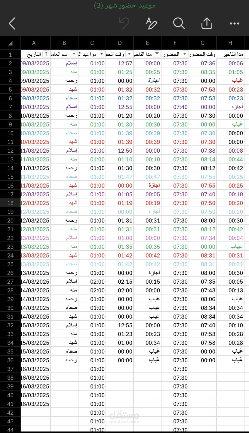تنظيم وإدخال بيانات حضور الموظفين على Excel