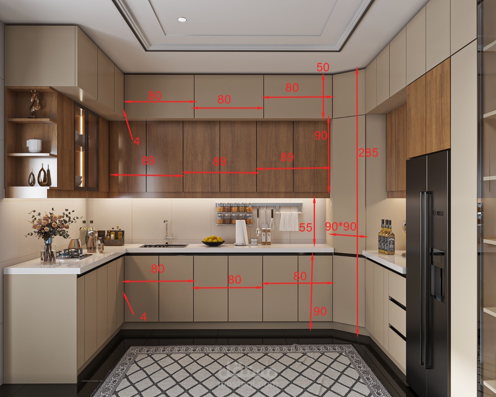 تصميم مطبخ عصري ثلاثي الأبعاد مع تخطيط هندسي بالأبعاد الحقيقية