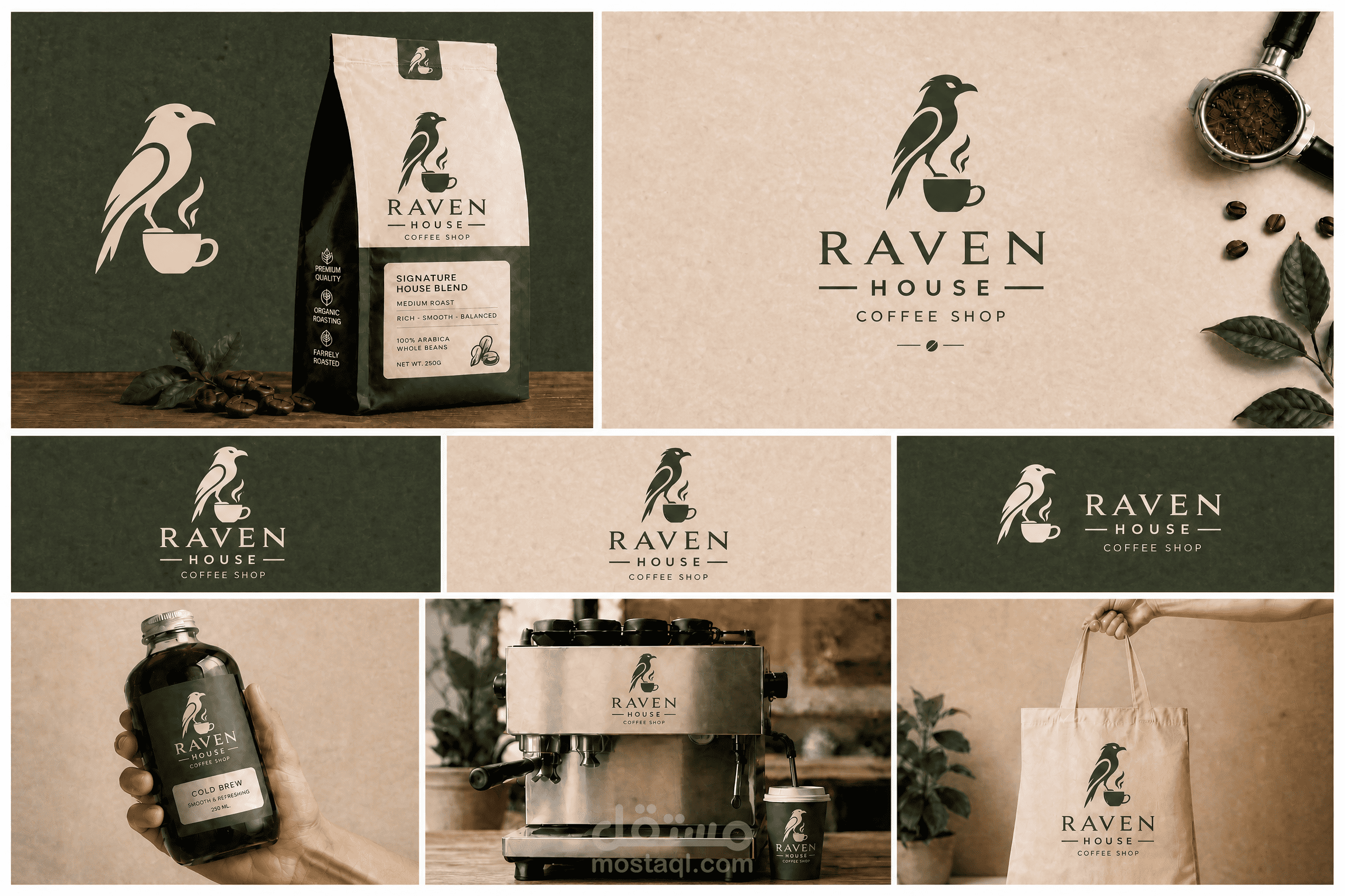 تصميم هوية بصرية متكاملة لعلامة Raven House للقهوة