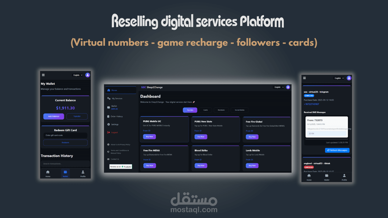 تطوير منصة متكاملة لإعادة بيع الخدمات الرقمية (أرقام افتراضية – شحن ألعاب – متابعين – بطاقات)