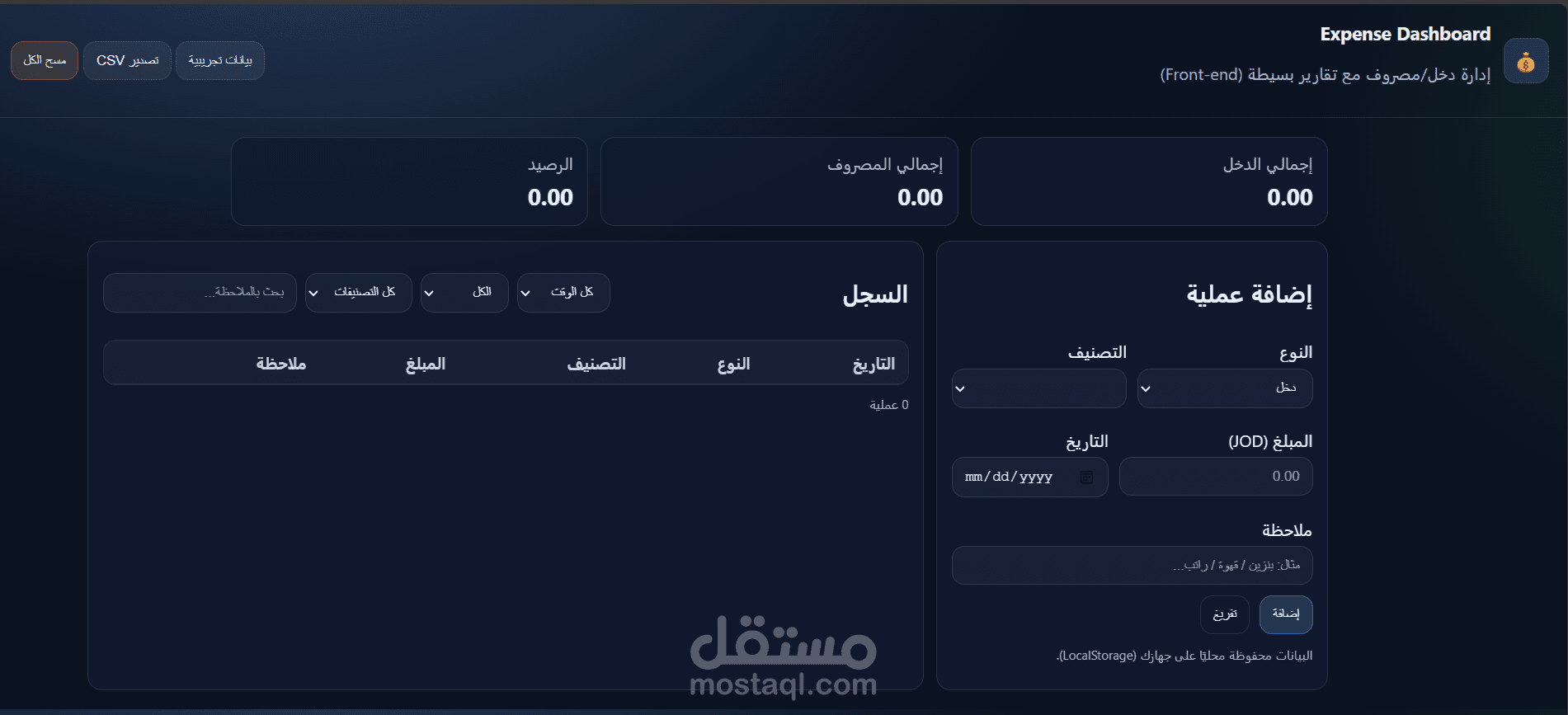 لوحة تحكم لإدارة المصروفات الشخصية باستخدام HTML و CSS و JavaScript