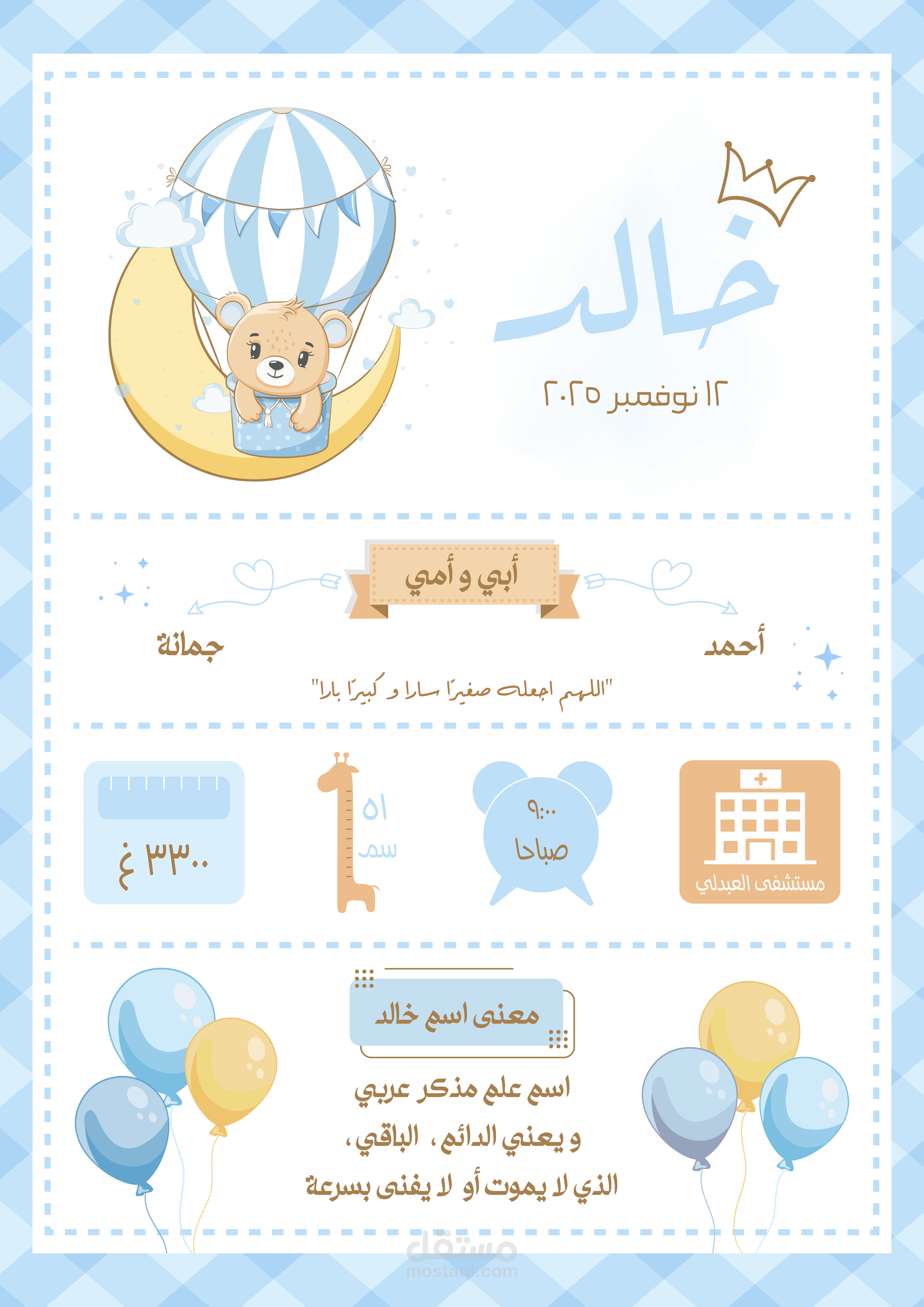 لوحة لمعلومات شخصية لمولود جديد