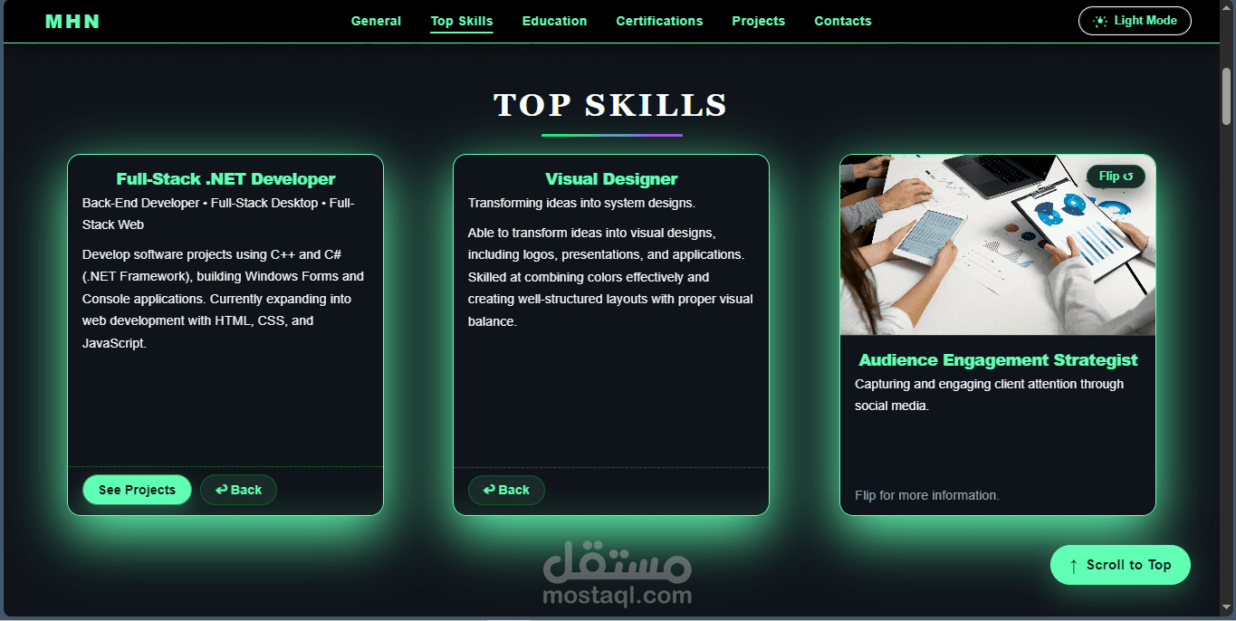 موقع Portfolio شخصي يعرض مهاراتي ومشاريعي وإنجازاتي في تطوير البرمجيات والمحتوى المرئي.