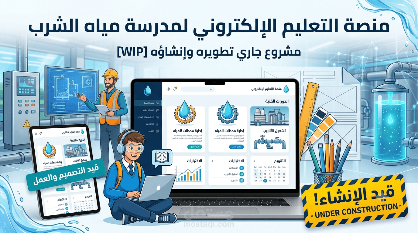 صميم وتطوير منصة التعليم الإلكتروني لمدرسة مياه الشرب والصرف الصحي (قيد التطوير - Work in Progress)