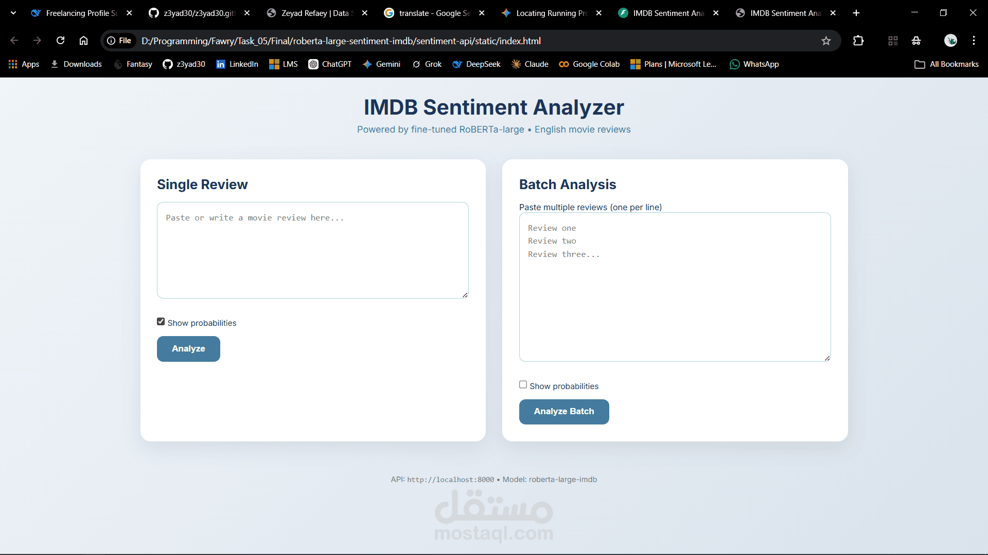 واجهة برمجة تطبيقات (API) لتحليل المشاعر – RoBERTa + FastAPI