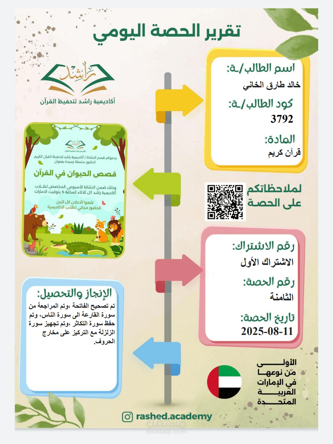 اعداد تقارير متابعة طالب في اكاديمية راشد لتعليم القرآن الكريم