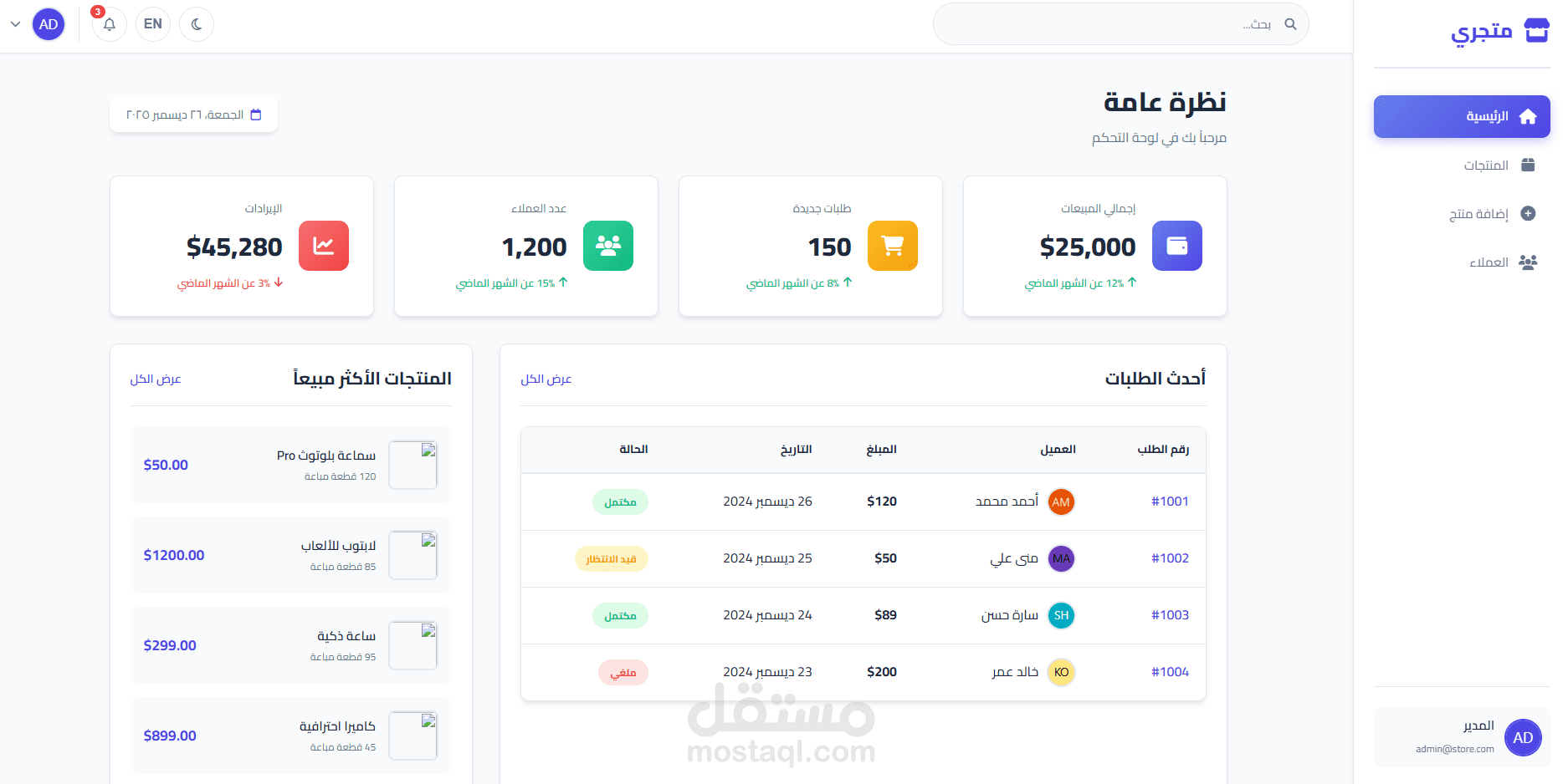 لوحة تحكم التاجر (Dashboard)